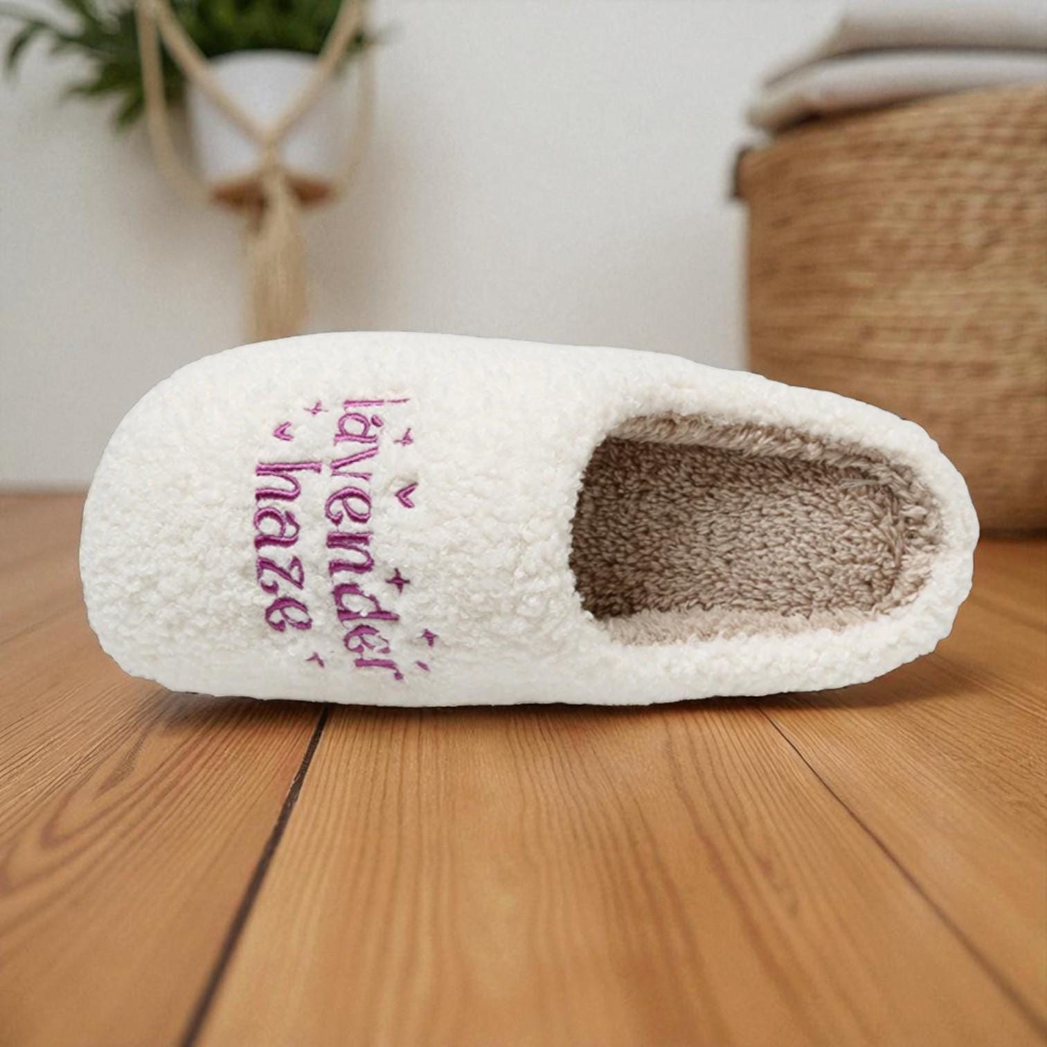 Women’s Lavender Haze Fuzzy Slippers – Insulated Plush House Shoes with Heart Detail and Non-Slip Sole