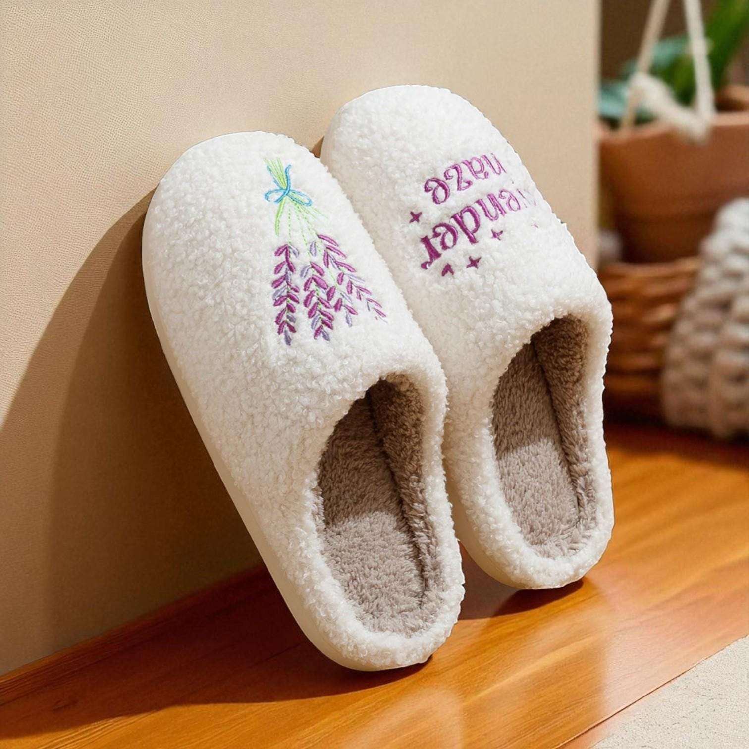 Women’s Lavender Haze Fuzzy Slippers – Insulated Plush House Shoes with Heart Detail and Non-Slip Sole
