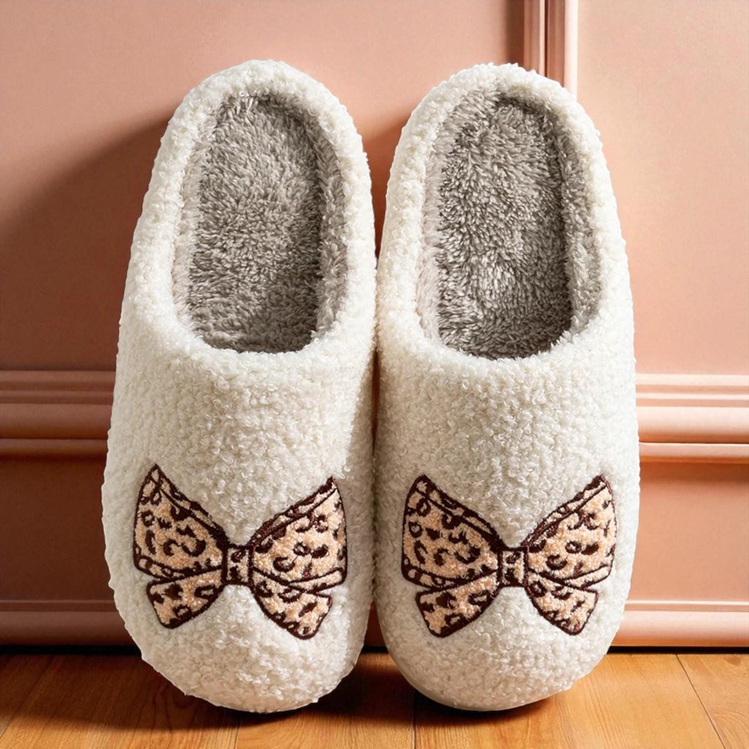 Women’s Plush Bow Slippers – Elegant Insulated House Shoes with Non-Slip Sole