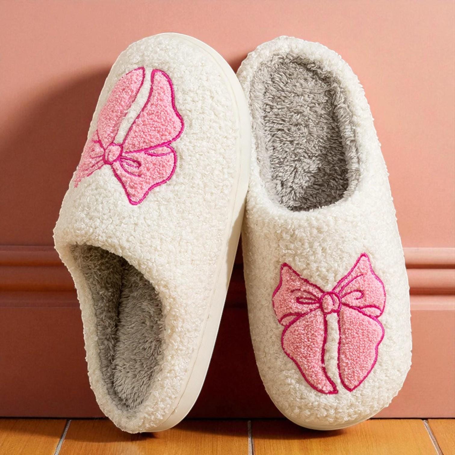 Women’s Plush Bow Slippers – Elegant Insulated House Shoes with Non-Slip Sole