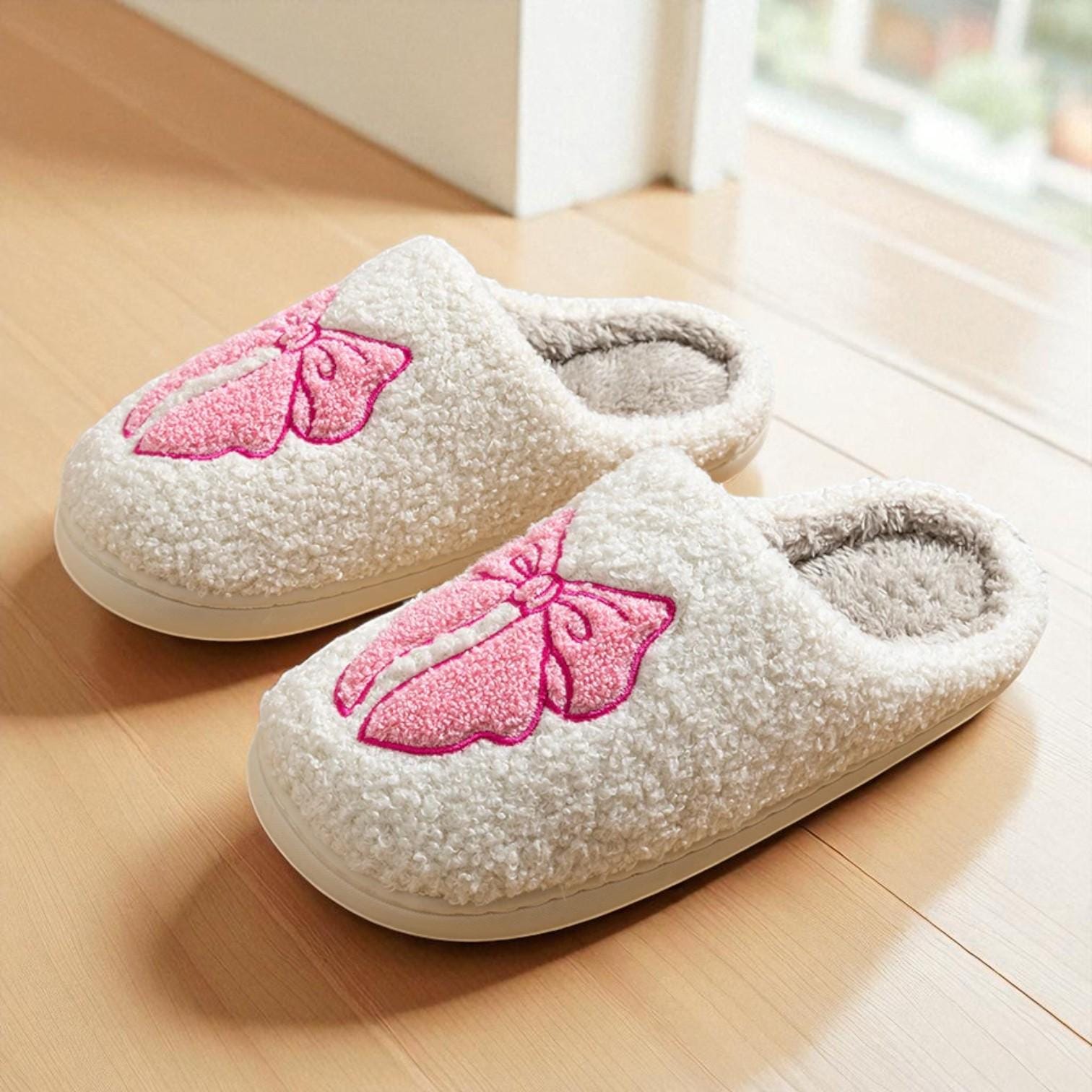 Women’s Plush Bow Slippers – Elegant Insulated House Shoes with Non-Slip Sole