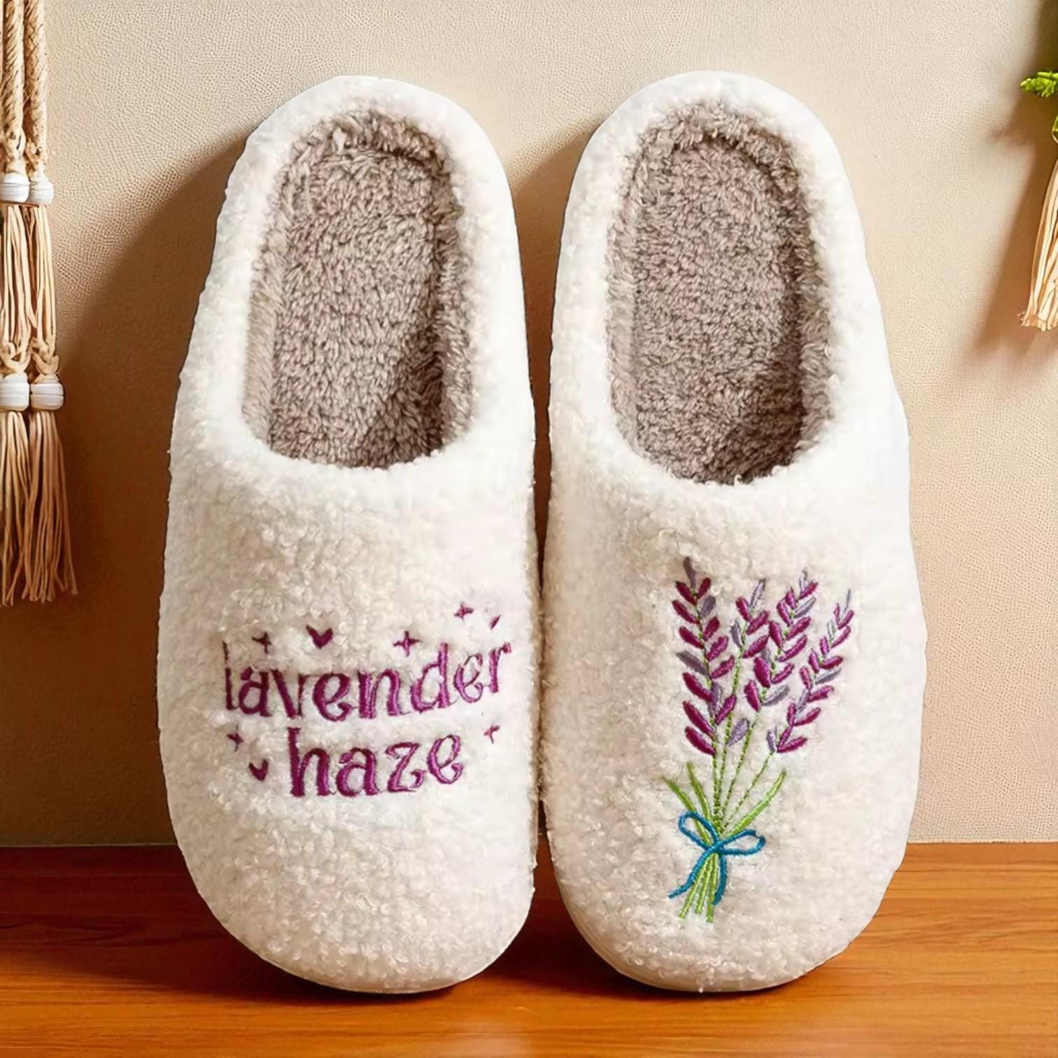 Women’s Lavender Haze Fuzzy Slippers – Insulated Plush House Shoes with Heart Detail and Non-Slip Sole