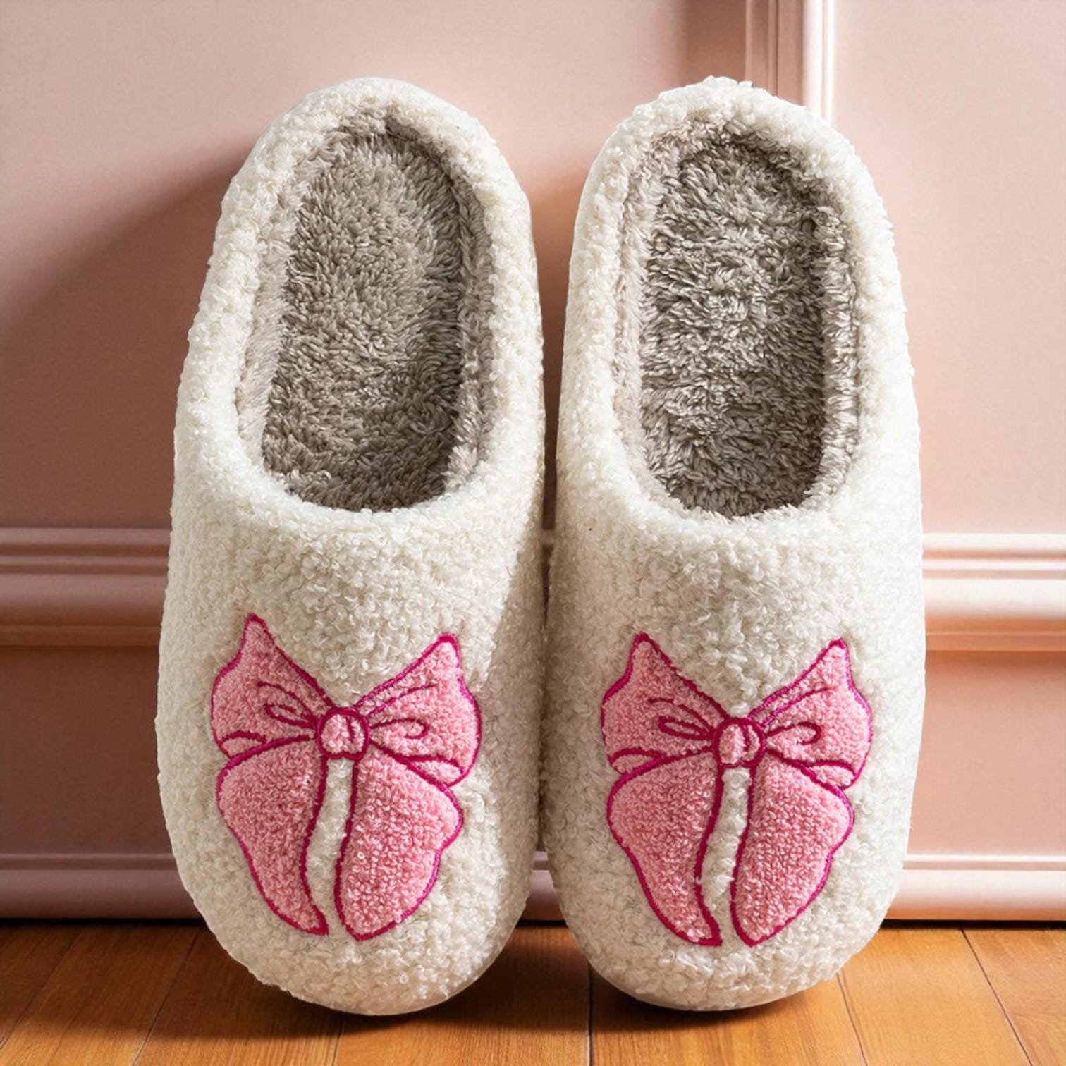 Women’s Plush Bow Slippers – Elegant Insulated House Shoes with Non-Slip Sole