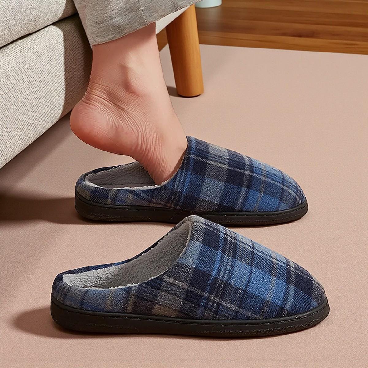 Men’s Plaid Memory Foam Slippers – Insulated House Shoes with Indoor/Outdoor Rubber Sole