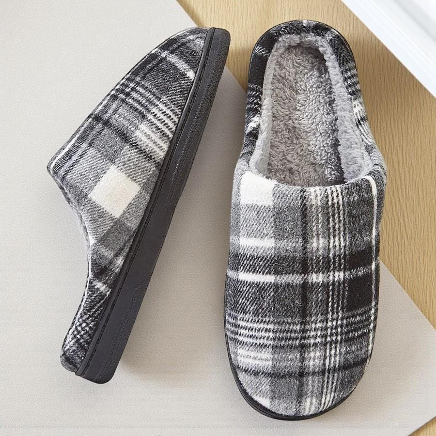 Men’s Plaid Memory Foam Slippers – Insulated House Shoes with Indoor/Outdoor Rubber Sole