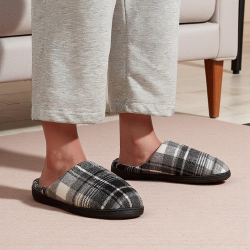 Men’s Plaid Memory Foam Slippers – Insulated House Shoes with Indoor/Outdoor Rubber Sole