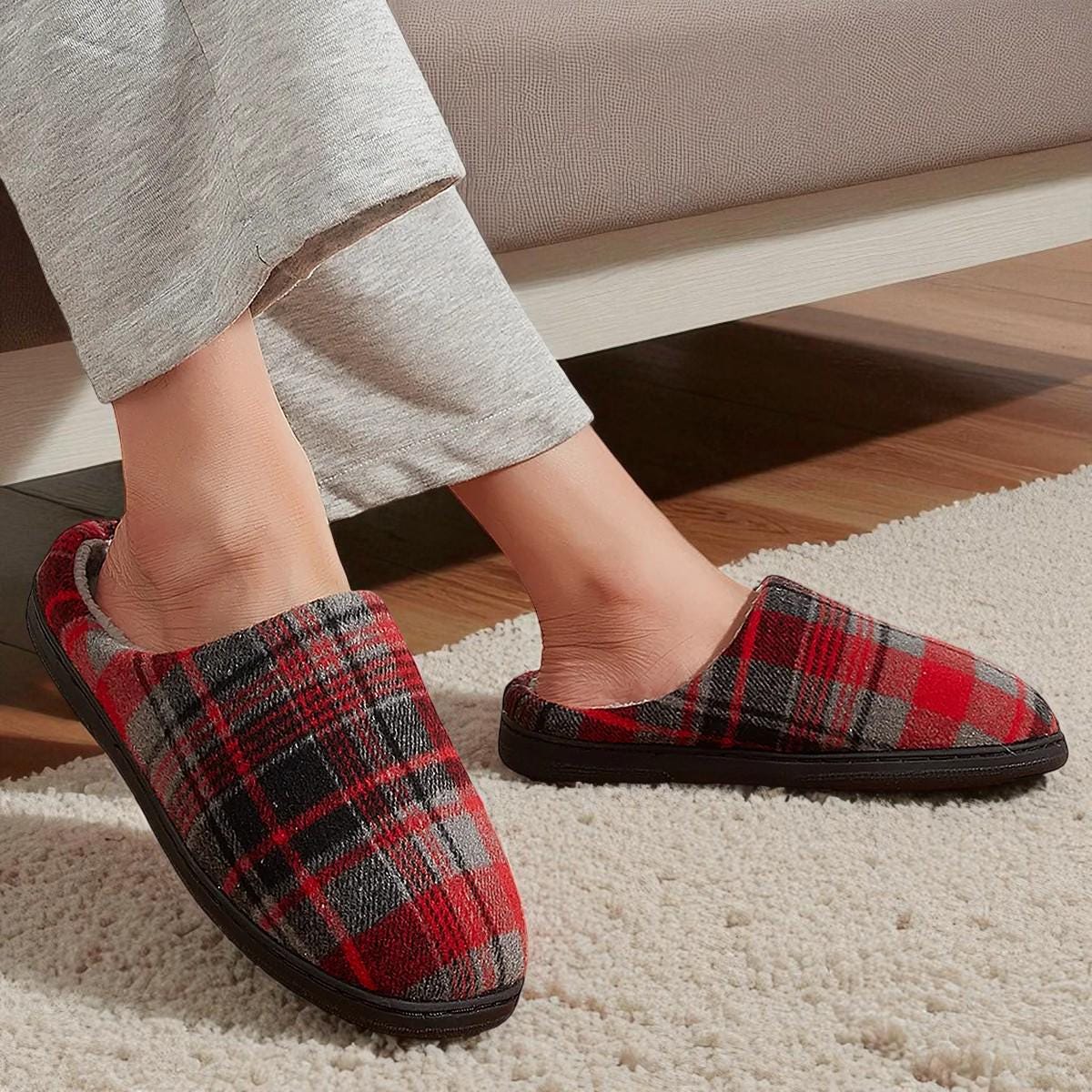 Men’s Plaid Memory Foam Slippers – Insulated House Shoes with Indoor/Outdoor Rubber Sole