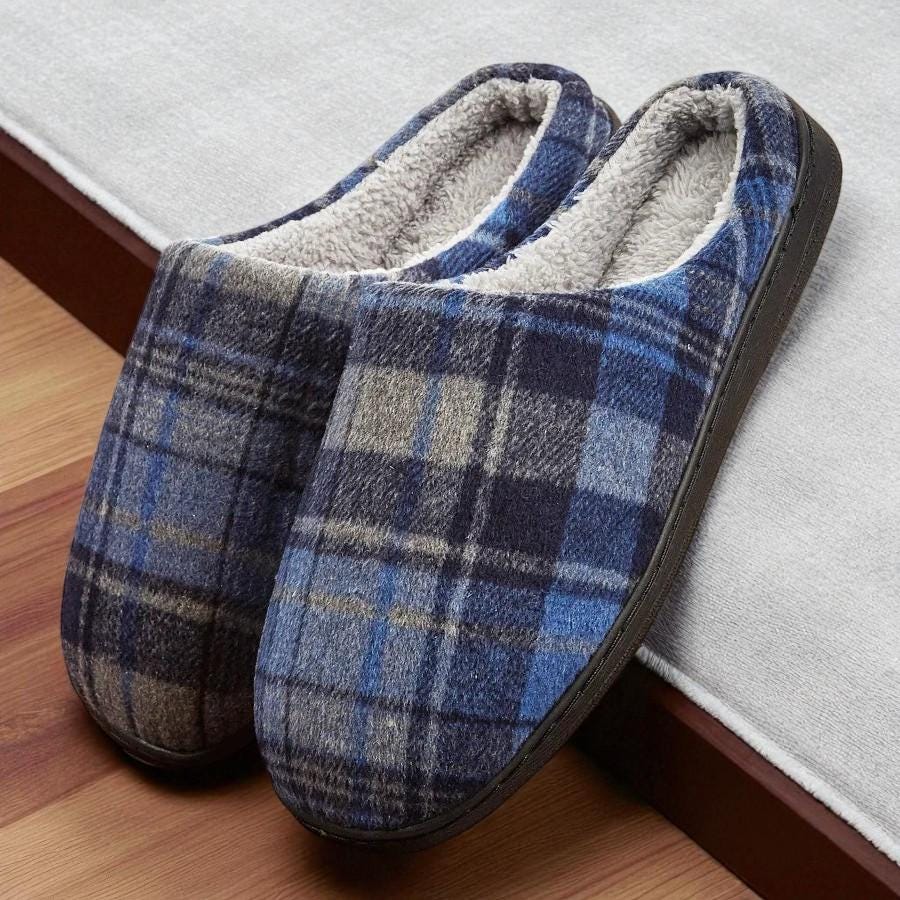 Men’s Plaid Memory Foam Slippers – Insulated House Shoes with Indoor/Outdoor Rubber Sole