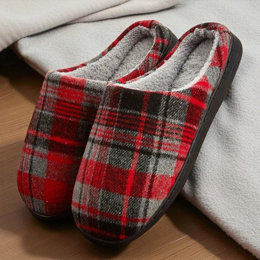 Men’s Plaid Memory Foam Slippers – Insulated House Shoes with Indoor/Outdoor Rubber Sole