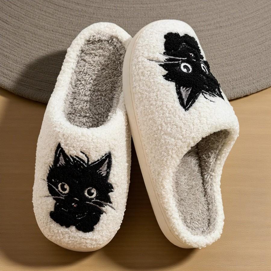 Women's Cozy Black Feline Plush Indoor Slippers - Warm & Snug