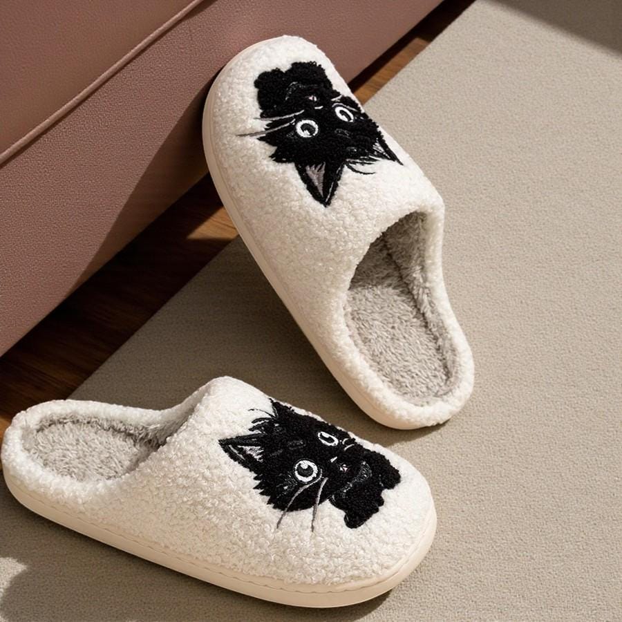 Women's Cozy Black Feline Plush Indoor Slippers - Warm & Snug