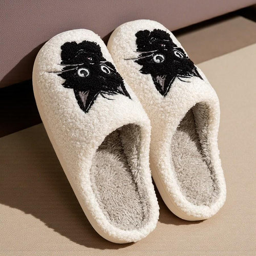 Women's Cozy Black Feline Plush Indoor Slippers - Warm & Snug