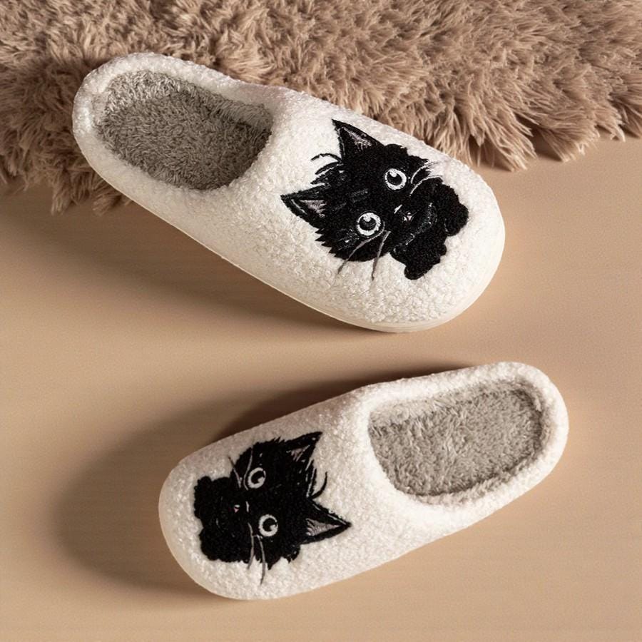 Women's Cozy Black Feline Plush Indoor Slippers - Warm & Snug