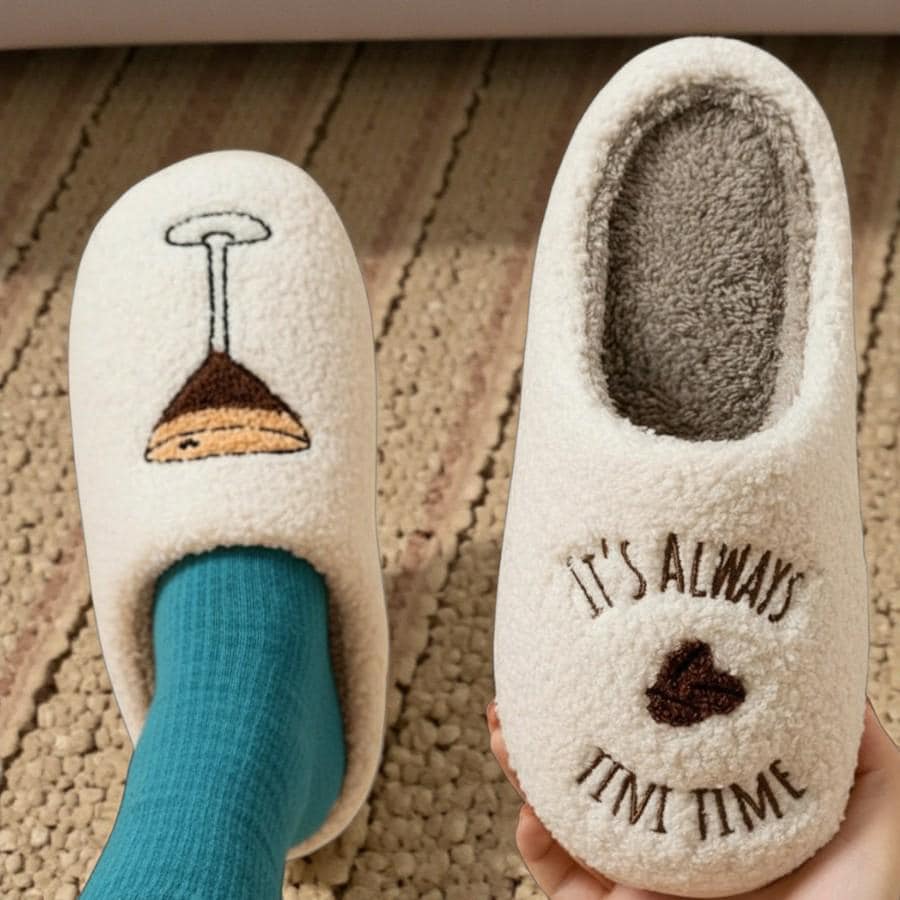 Women’s Espresso Martini Themed Plush Slippers – Insulated Cotton House Shoes with Non-Slip Sole
