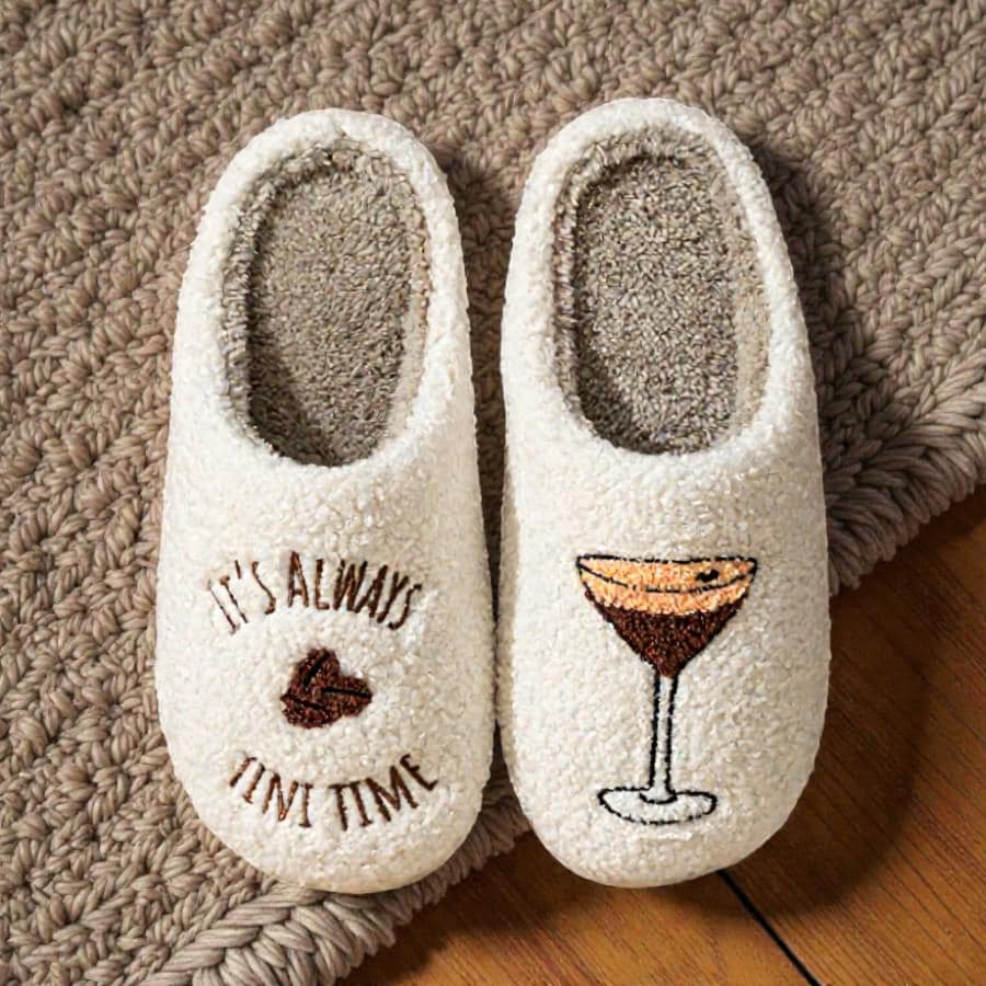 Women’s Espresso Martini Themed Plush Slippers – Insulated Cotton House Shoes with Non-Slip Sole