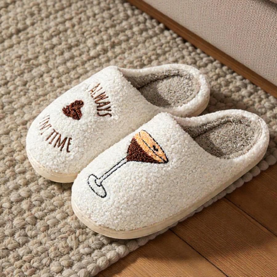 Women’s Espresso Martini Themed Plush Slippers – Insulated Cotton House Shoes with Non-Slip Sole