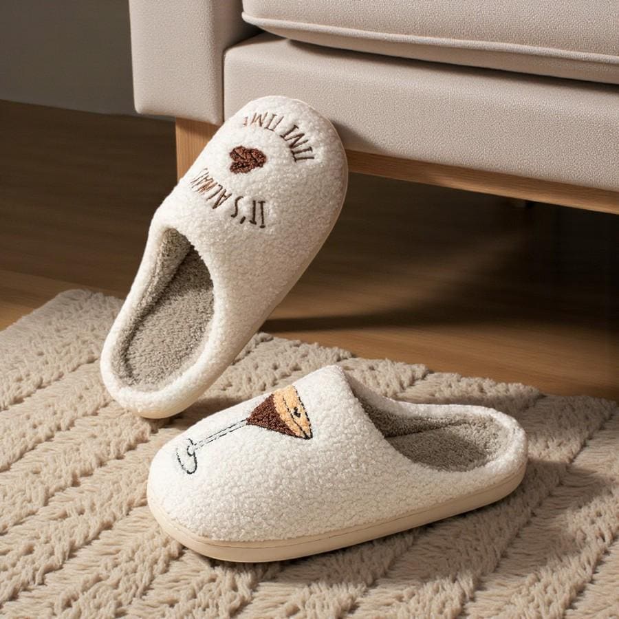 Women’s Espresso Martini Themed Plush Slippers – Insulated Cotton House Shoes with Non-Slip Sole