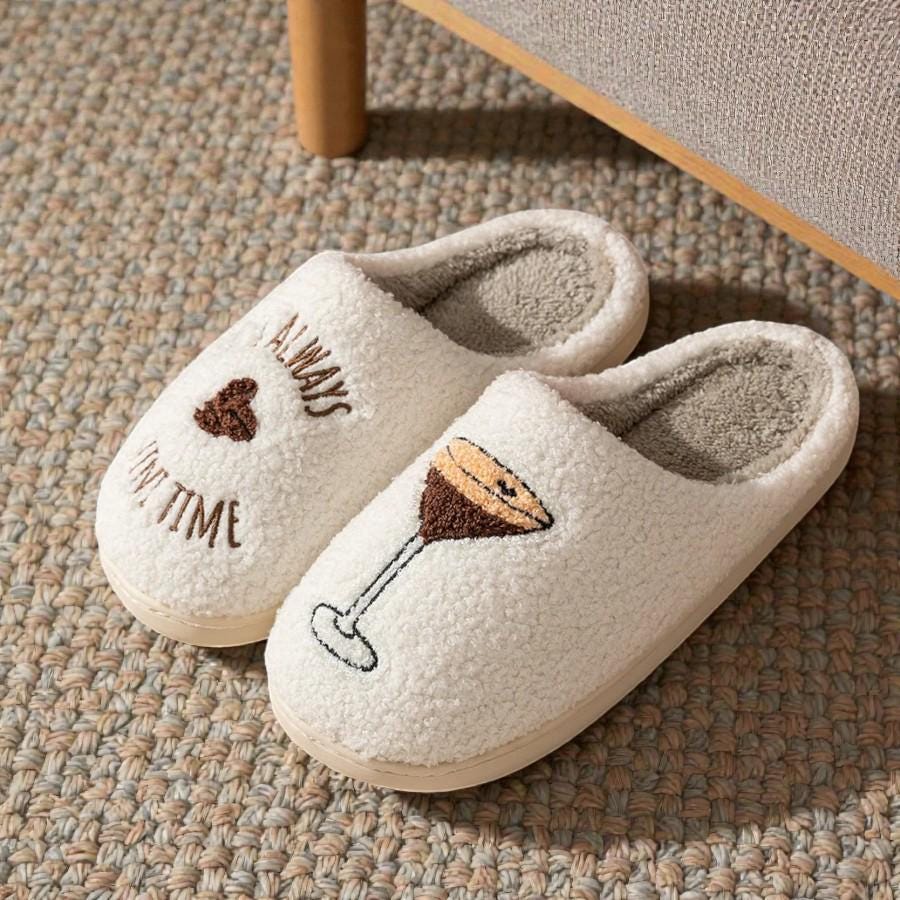 Women’s Espresso Martini Themed Plush Slippers – Insulated Cotton House Shoes with Non-Slip Sole